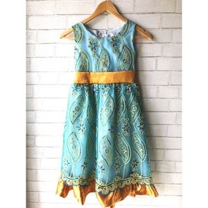 Girls Teal Blue & Gold Sequin Formal Dress 7/8